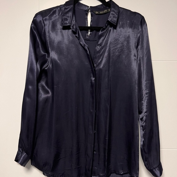 SATIN NAVY BUTTON UP BLOUSE - Picture 2 of 3